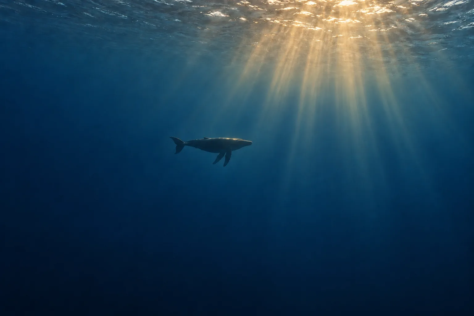 Una megattera lontana in controluce attraversa l’acqua aperta: la rotta percorsa