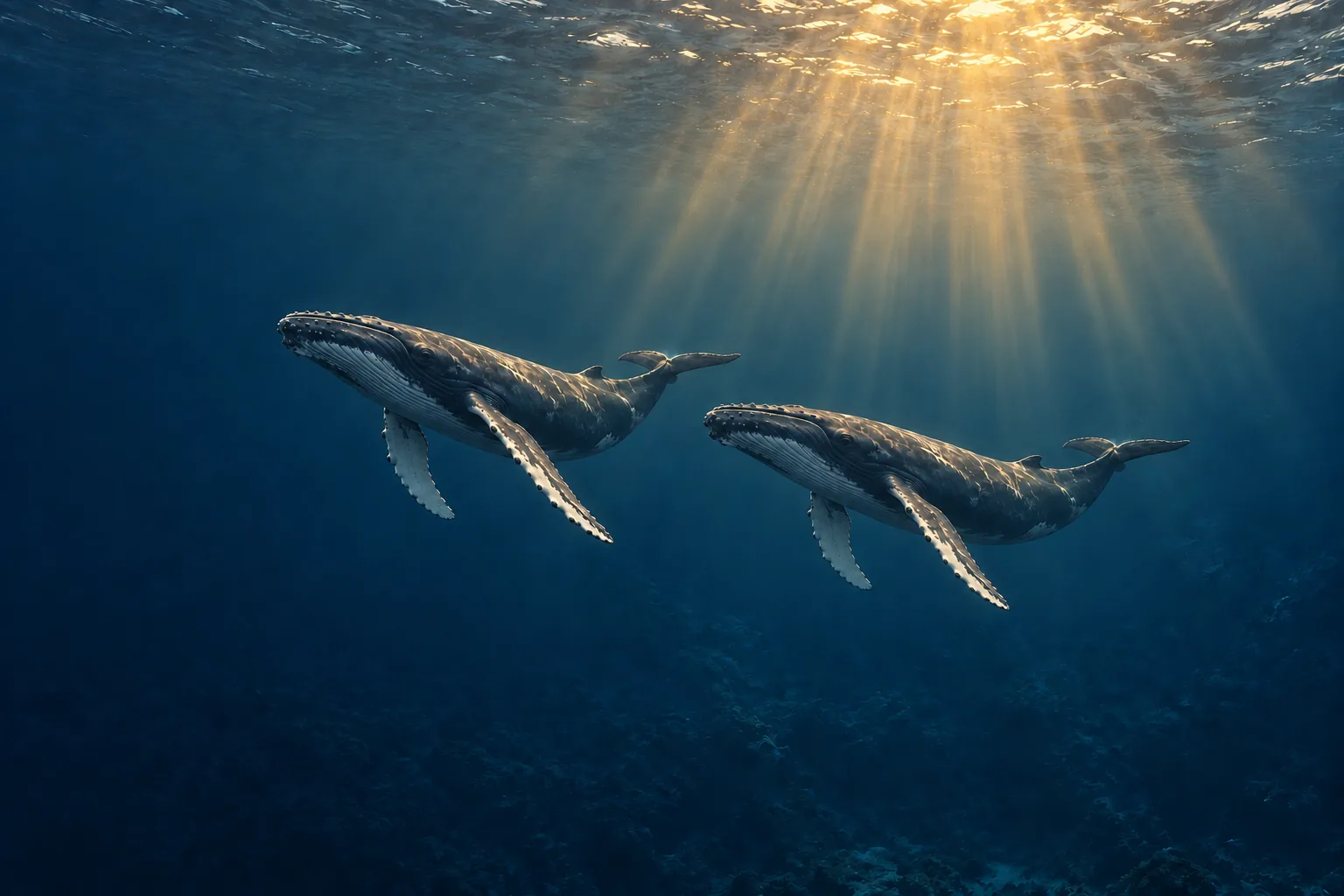 Due megattere che nuotano vicine nella stessa direzione, nell’acqua attraversata dai raggi
