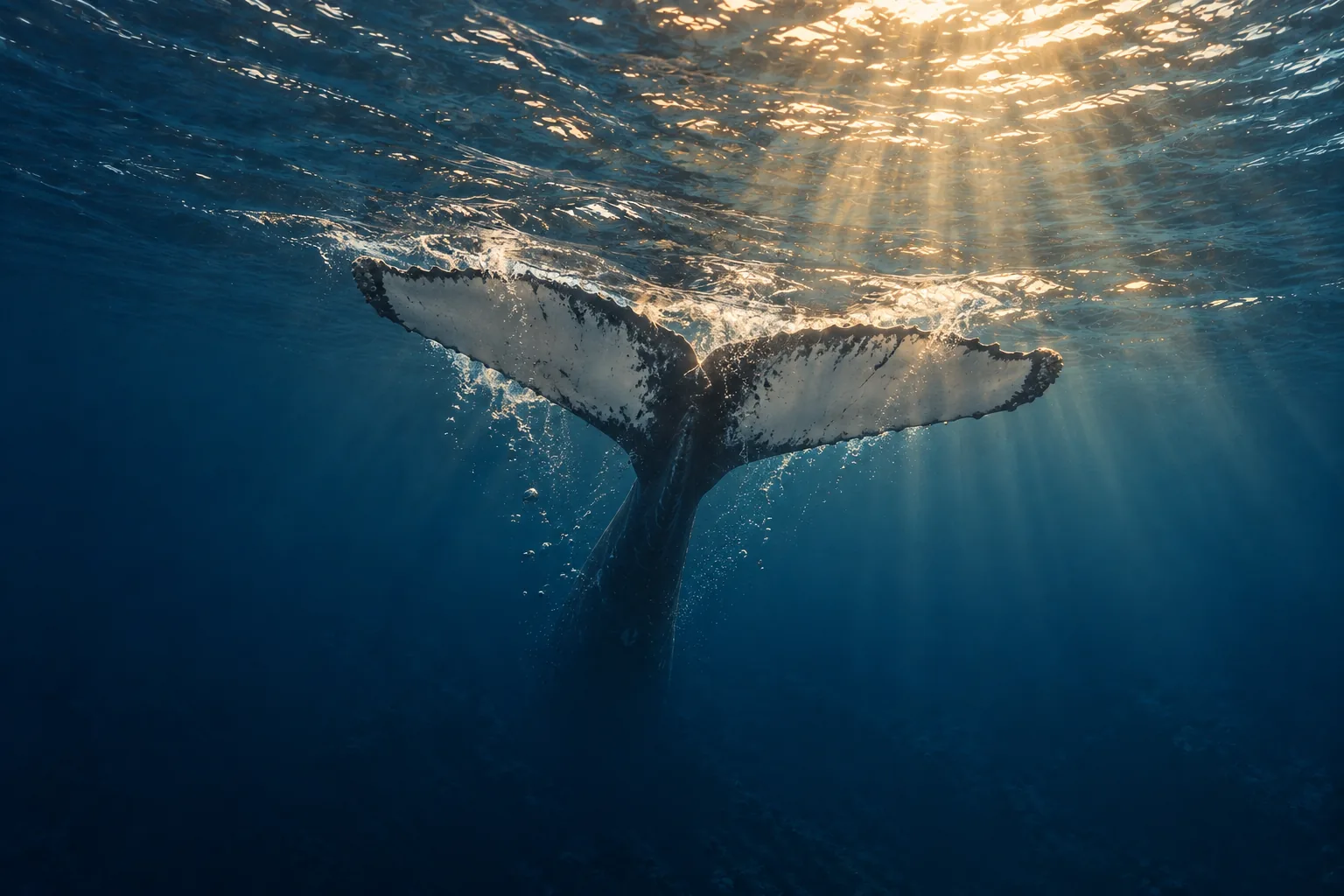 La coda di una megattera che attraversa la superficie del mare, con una scia di bolle